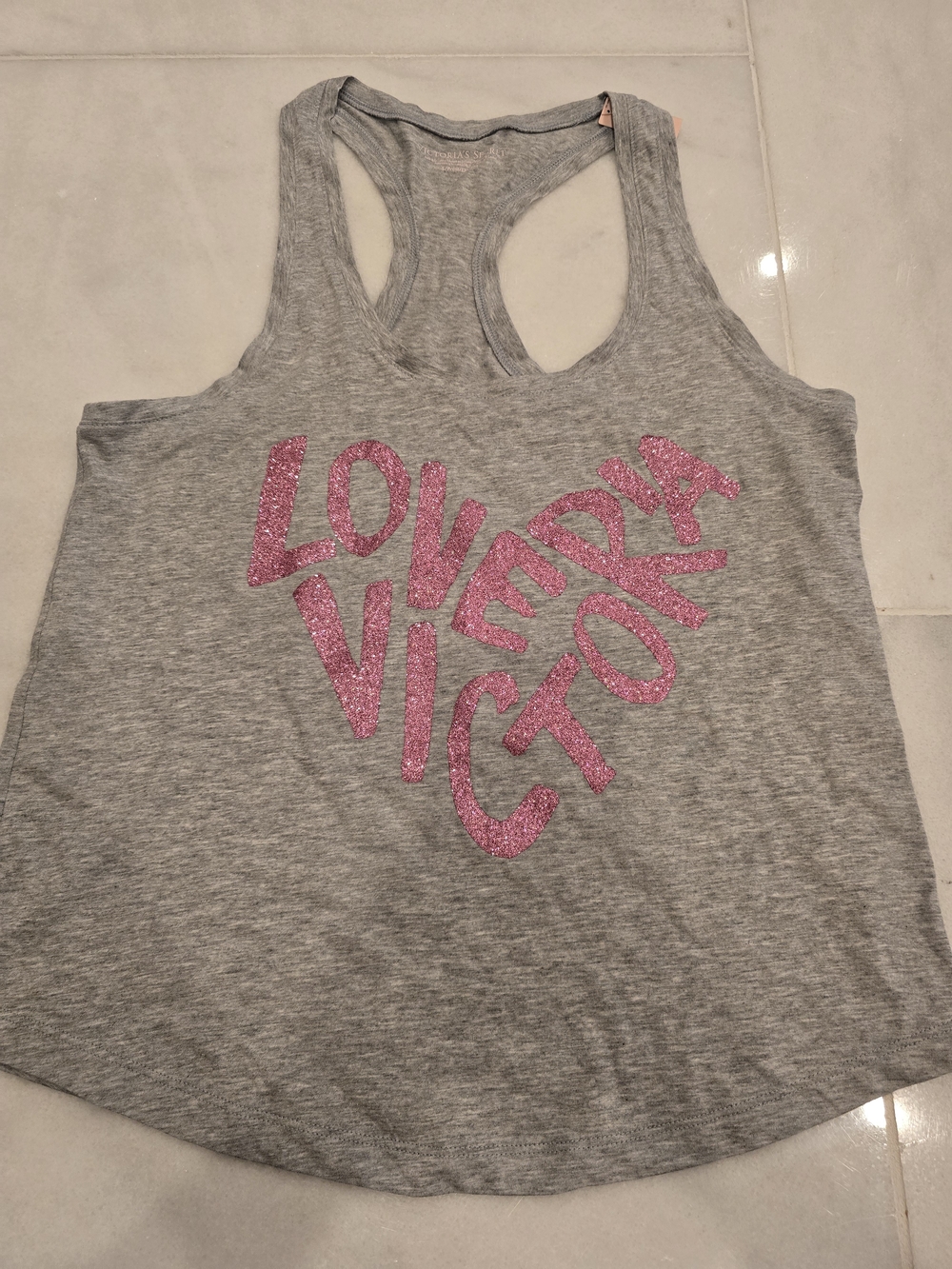 Victoria's Secret Gray Racerback Tank with Pink Glitter Logo Heart